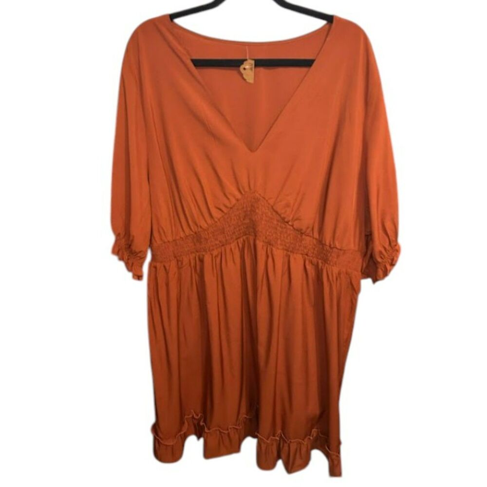 Women's Rust Smocked Waist Ruffle Hem Dress – Puff Sleeve Fall Dress